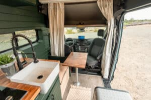 Farm sink and galley counter looking forward to the cab