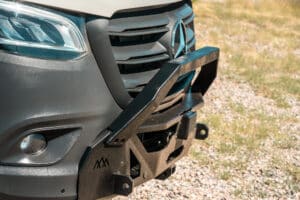 Close-up of the Backwoods front bumper with push bar on the Mercedes Sprinter