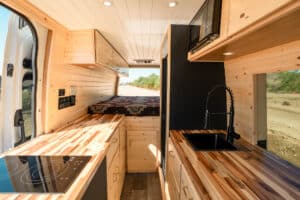 Maddox galley and indoor shower tower in a Sprinter